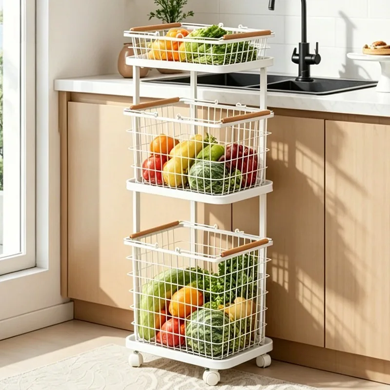 Multilayer Storage Holders with Wheels Separable Ironwork Storage Holders Modern Simple High Capacity Racks Accessory Kitchen