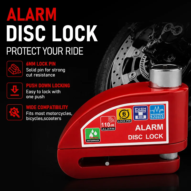 Motorcycle Scooter Bicycle  Alarm Lock Wheel Disc Brake Waterproof Anti-Theft Aluminum Alloy Safety Brake Lock Moto Aaccessories