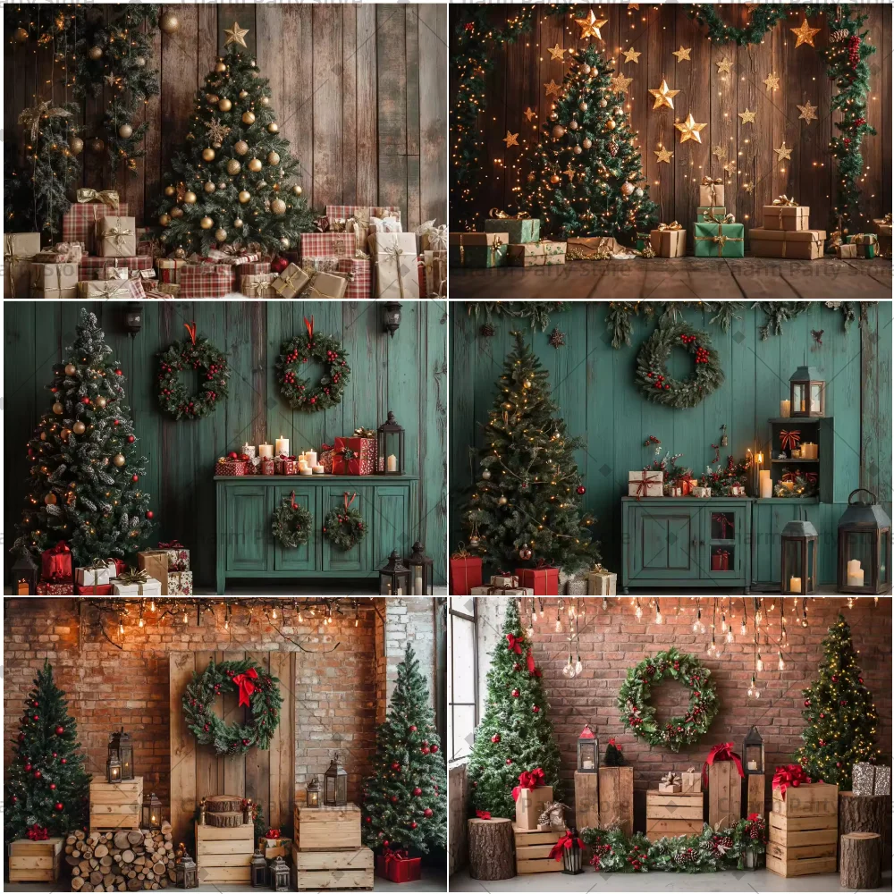 

Merry Christmas Wooden Brick Wall Backdrops with Christmas Tree Family Party Decoration New Year Xmas Eve Photography Prop Gifts