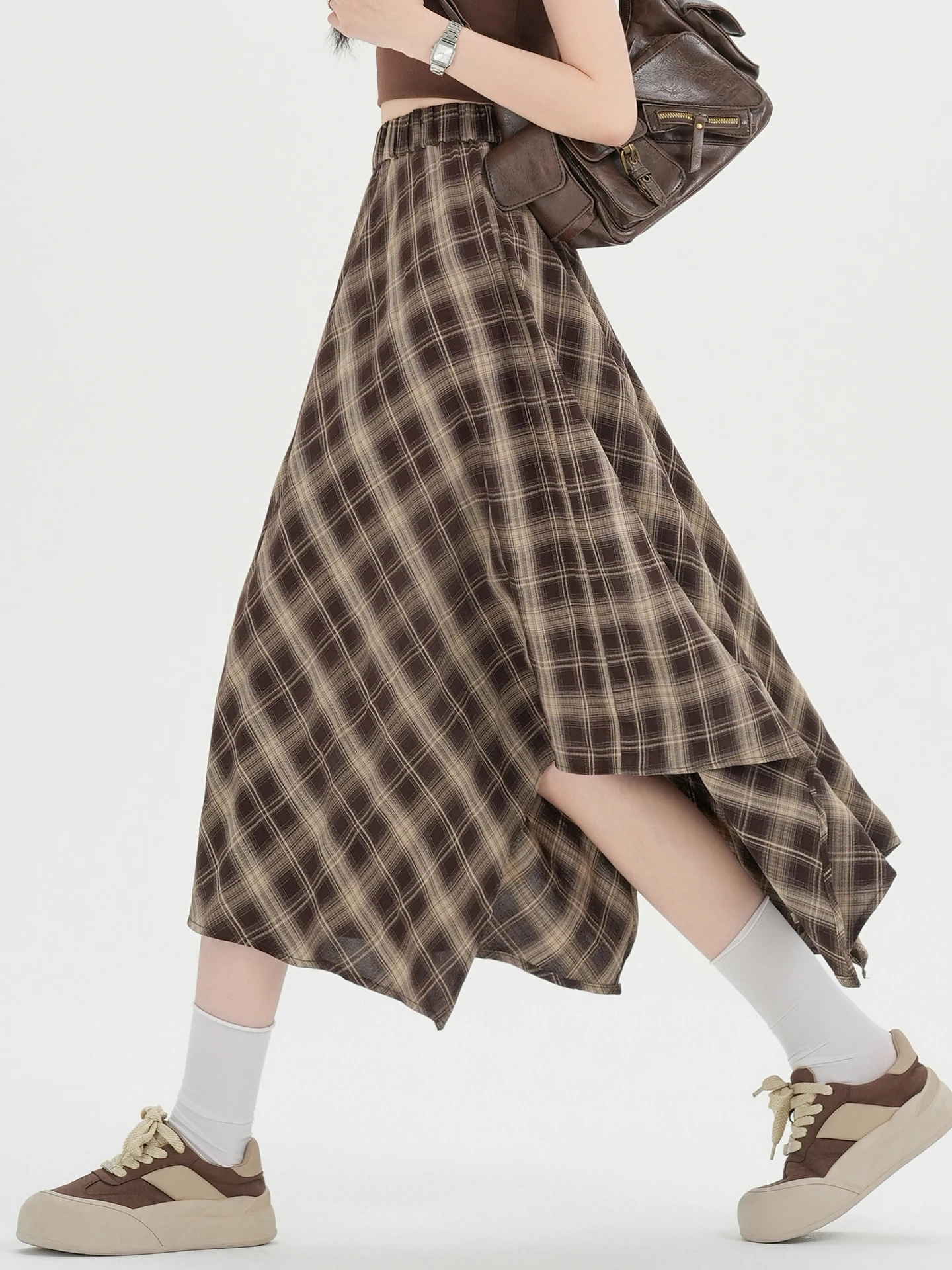 

Ретро-юбка в клетку средней длины, женская летняя модная свободная юбка А-силуэта с эластичной талией, драпированная, асимметричная, в корейском стиле