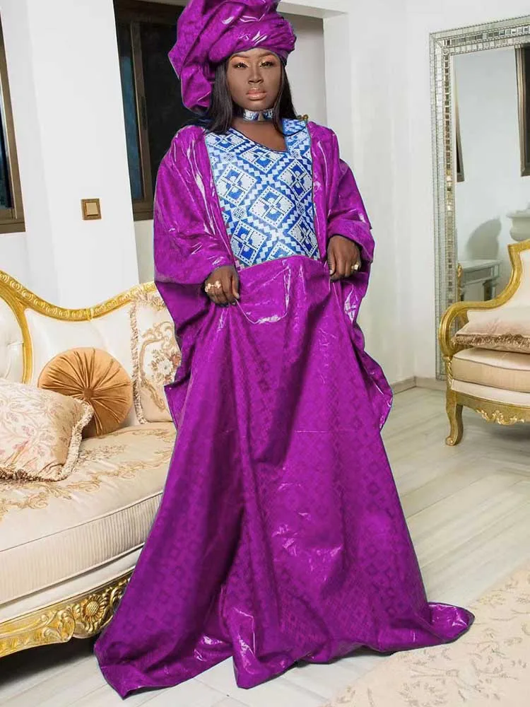 New African Women Bazin Riche Dresses With Headscarf Embroid Stone Nigerian Traditional Wedding Party Dashiki Basin Robe