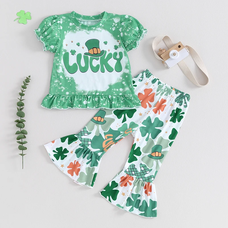 Toddler Girl St Patricks Day Outfit Lucky St Pattys Day Bubble Shirt and Clover Print Flare Pants Clothes Set