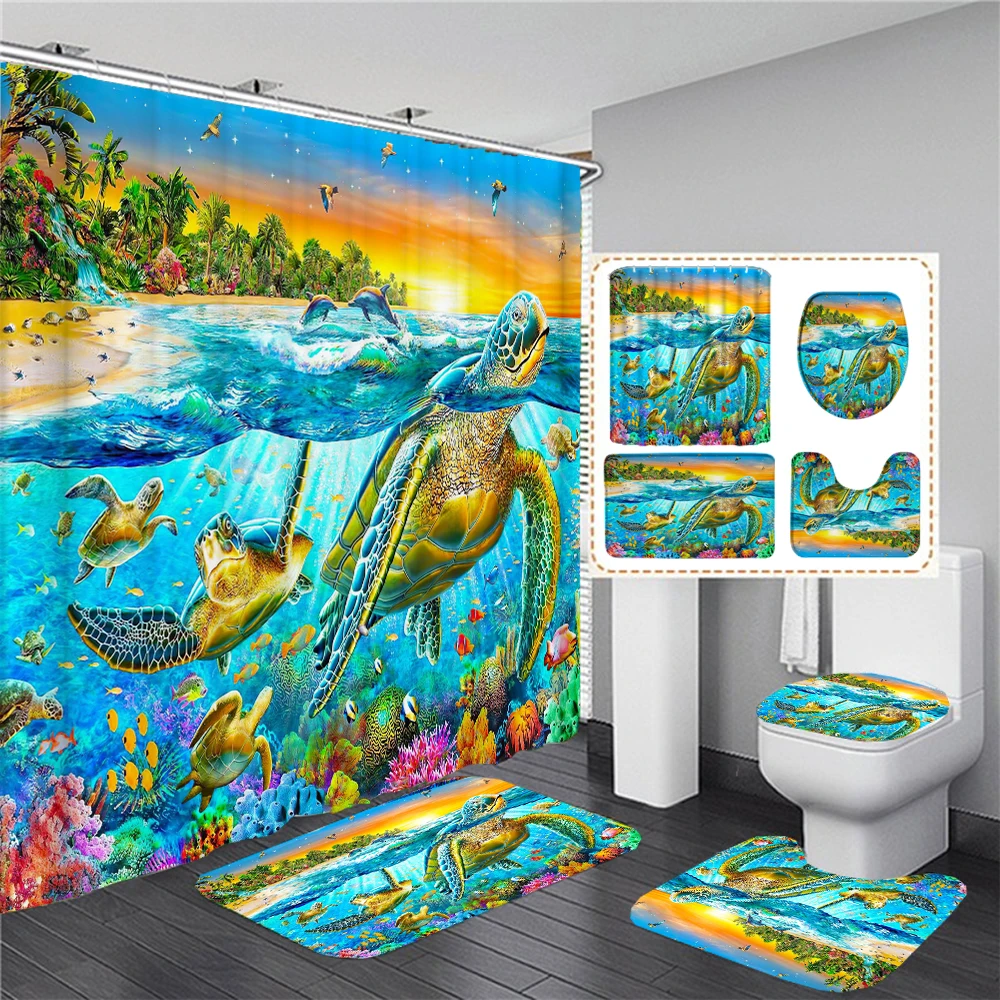 Sea turtles Ocean Dolphin Bathroom Waterproof Shower Curtain Set with 12 Hooks Bath Non-Slip Mat Rugs Carpet Toilet Seat Cover