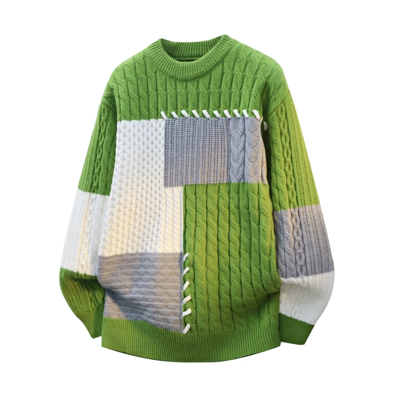 

Autumn/Winter Patchwork Trendy Knitted Sweater Men's High-quality Fashion Trend Thick Round Neck Tops Knitted Base Clothing
