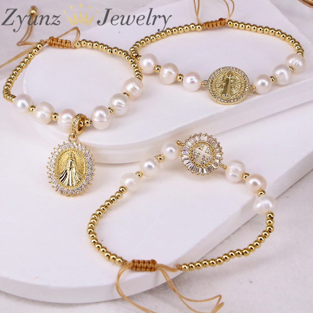 

5PCS, Virgin Mary Charm Bracelet Christian Jewelry Pulseras Gifts for Friends Natural Freshwater Pearl Bracelet for Women