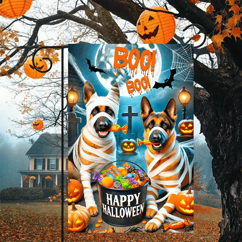 2D Flat - 2D Flat - 1pc a Double-Sided Halloween Garden Flag Featuring a 2D Flat Design of a Mummy German Shepherd. Ideal for Outdoor Decorations Such As Patios, Lawns, And Gardens, As Well As Party Supplies. Measures 12X18 Inches