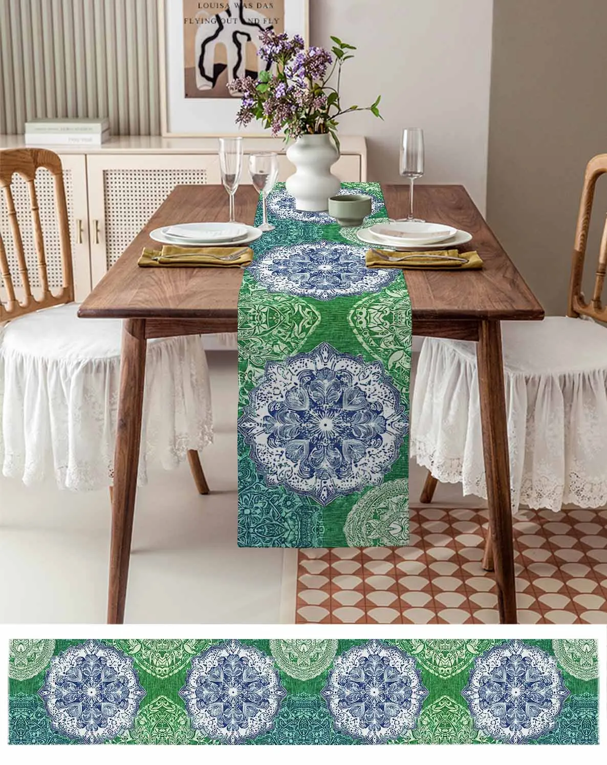 

Green Retro Flowers Linen Cotton Table Cloth Decoration For Home Wedding Christmas Party