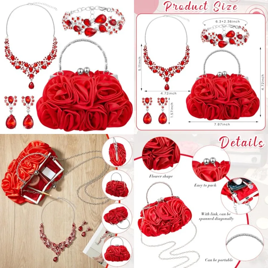 

4 Pcs Flower Clutch Rhinestone Jewelry Set Rose Clutch Handbags with Detachable Strap Detachable Necklace Earrings Bracelets fo
