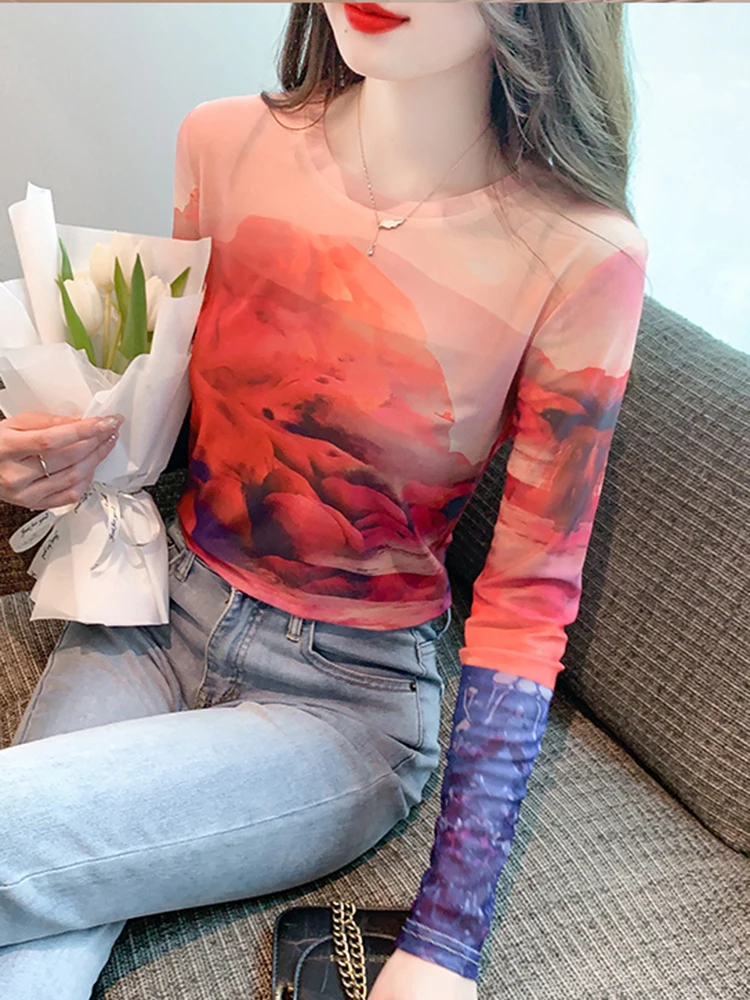 

Artistic Printing Gauze Blouses Women Shirts Long Sleeve See-through Mesh O-Neck Female Blouse Elegant Slim Blusas Tops 2024