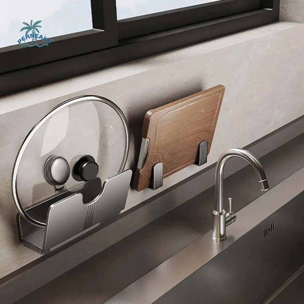 

Carbon Steel Suction Cup Pot Lid Rack Punch Free Wall-mounted Pot Lid Storage Racks Space Saving with Water Tray Pot Lid Holder