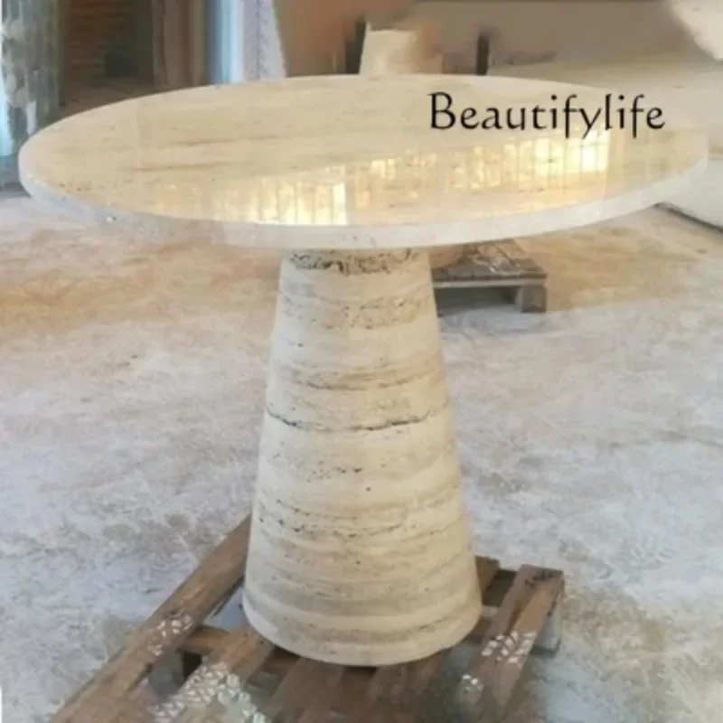 B3 BJ QNatural Marble Dining Table Living Room Wabi Style Designer Round Table Travertine Medieval Cone High-end Dining