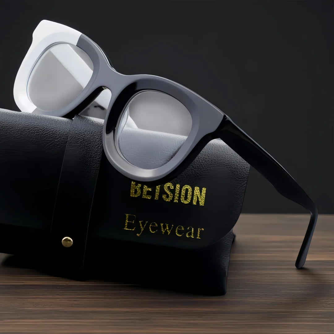 BETSION Retro Thick Square Acetate Eyeglasses Men Women Fashion Reading Glasses Black White Color Spectacles Frames #23104