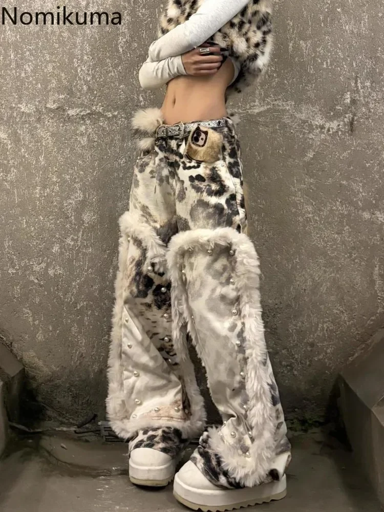Harajuku Y2k Jeans Patchwork Leopard Print Wide Leg Pants for Women Pantalon Femme Streetwear Straight Fashion Denim Trousers