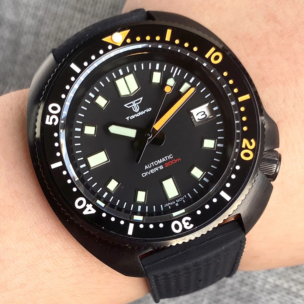 Montre Mécanique de Plongée Noire Tortue pour Homme, NH35 120 Lunette à Boisson, Aiguille Orange 4.1, Couronne Verte, Porcelaine de Silicone, Saphir