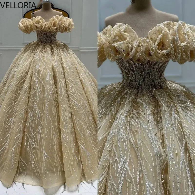 

Exquisite Evening Dresses For Women Off Shoulder Sleeveless Party Gown Sequins Beaded Sweep Train Ball Gown Customized