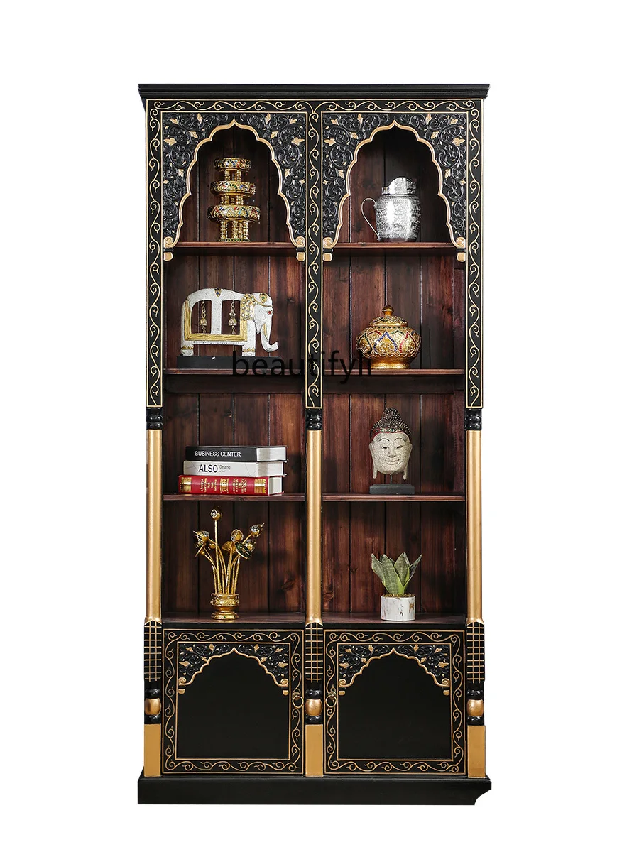 Southeast Asian Style Furniture Solid Wood Antique Shelf Thai Style Hallway Vintage Bookcase Tea Room Tea Set Storage Rack