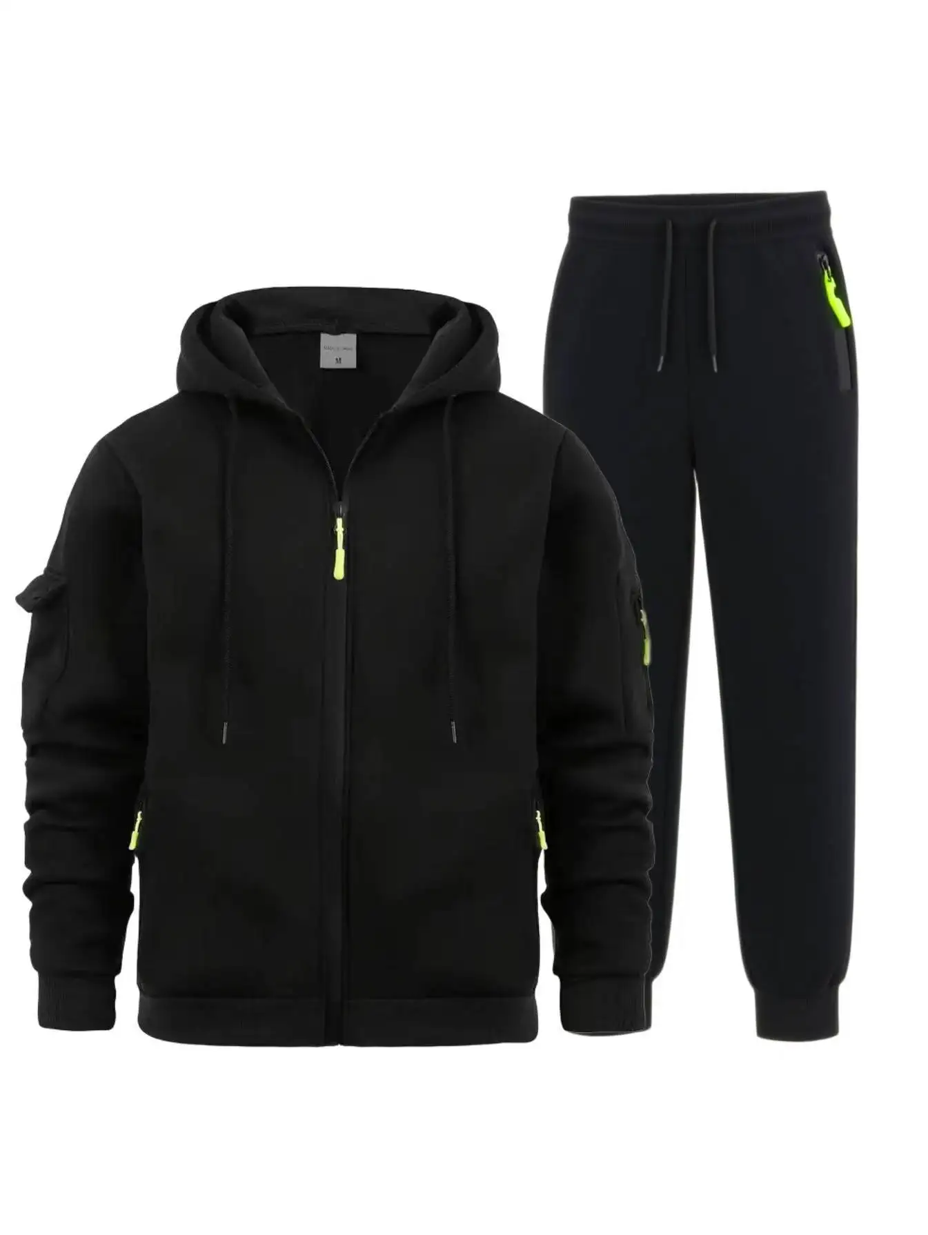 남성 스포츠 슈트 스타일 가을 겨울 플리스 남성 캐주얼 스포츠웨어 지퍼 스웨터 다중 포켓 작업 바지 세트