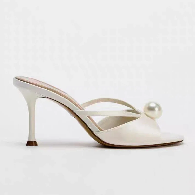 

Spring and Autumn Fine Heels with Artificial Pearl Jewelry High Heels Round Head Exposed Toes One Foot Sandals Shoes Female