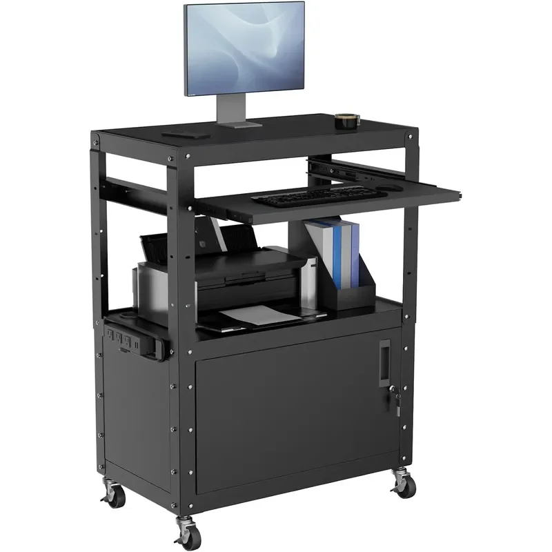 Mobile AV Cart Adjustable Height Rolling Computer Cart with Pullout Keyboard Tray Locking Cabinet 3 Outlets and 2 USB Ports