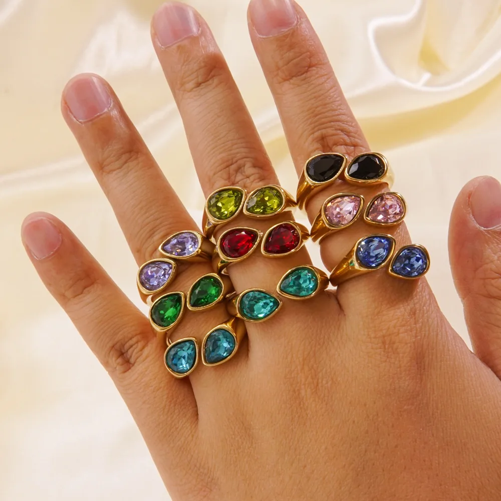 New Light Luxury Stainless Steel Colorful Diamond Inlaid Open Ring Waterproof Wedding Jewelry Gifts