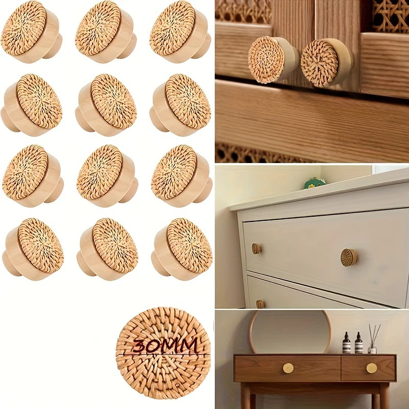 6 Pack Boho Rattan Dresser Knobs Durable Beech Wood Drawer Knobs Handmade Wicker Woven Pulls with 6 Screws