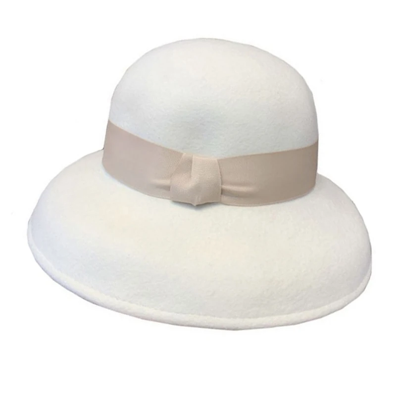 Klasyczny biały filcowy czapka zimowa ciepły Cloche wełniany kapelusz wstążka kokardka Floppy Brim Derby ślub kościół kapelusz Fedora sukienka damska kapelusz