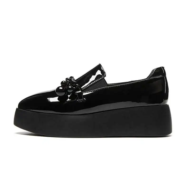 Vichelo Hot Black Real Cow Leather Slip On Pointed Toe Flat Platform Loafers Metal Chain Decoration Campus Vulcanized Shoes L90