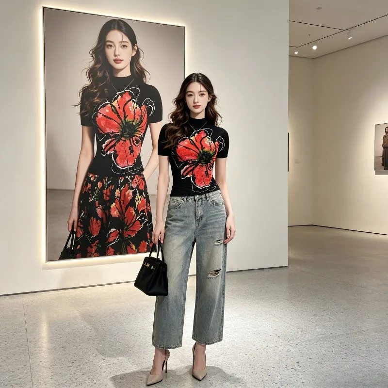 Miyake Design Sense Pure Desire Top Short Sleeve Ins Trendy Print Slim Fit Slimming Elegant Stylish Versatile T-Shirt Summer