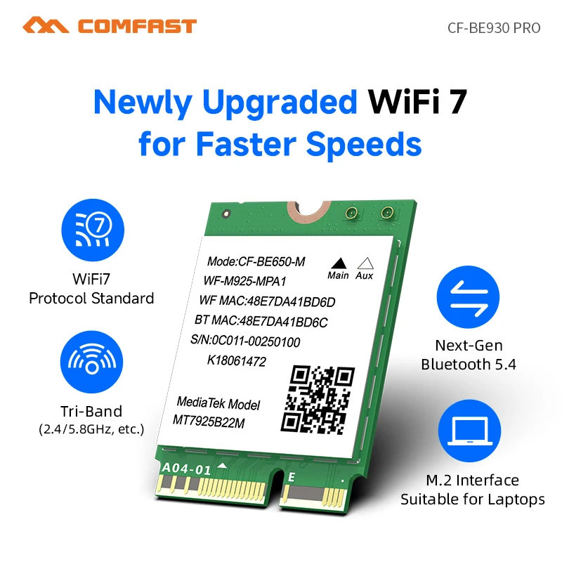 COMFAST WIFI7 Network Card 6452Mbps Bluetooth5.4 Receiver PCIE wifi card 2*5dBi antenna WPA3 encryption support Linux / Win11