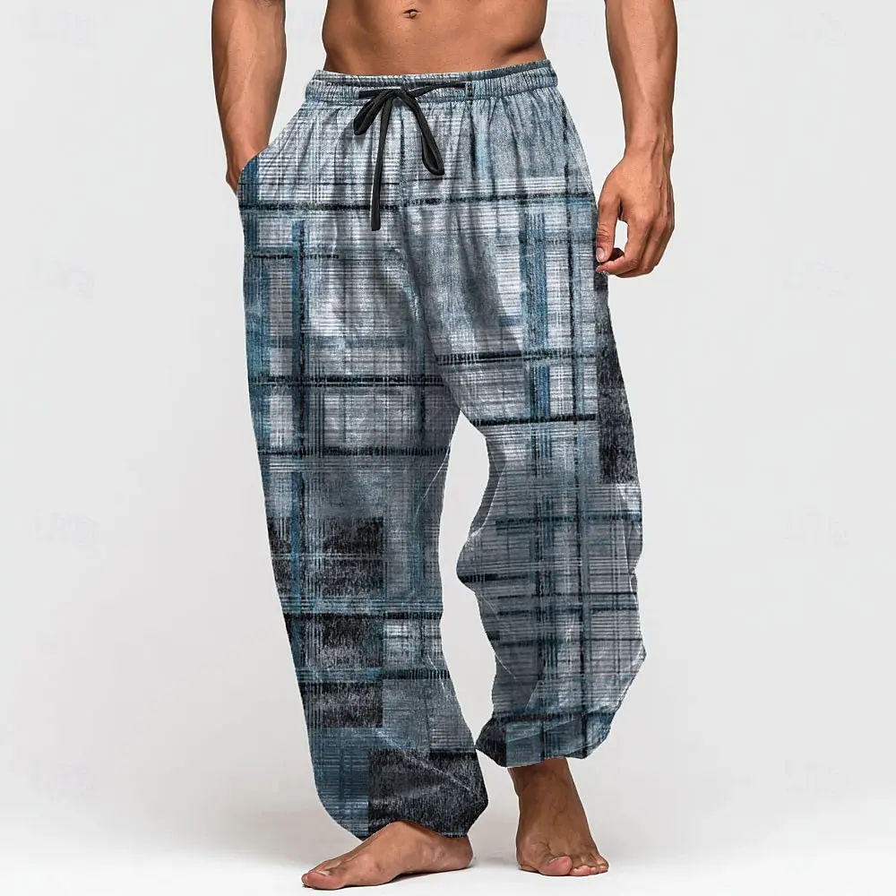 2025 Fall Men's Color Block Patchwork Pants Trousers Mid Waist Drawstring Elastic Waist Casual Outdoor Straight Leg Trousers