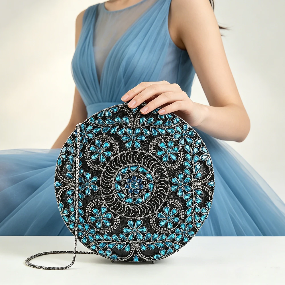 WHTUOHENGRound Crystals Evening Clutch Bags Women Blue Diamond Clutch Purses Rhinestone Handbags Bridal Wedding Hard Metal Purse