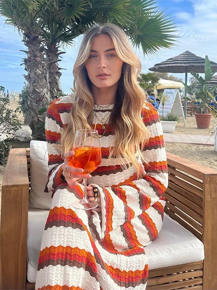 Knitted Summer Stripe Maxi Dress Women Crochet Sheer Flare Sleeve Party O-neck Dresses Sexy Backless Beach Holiday Street Robes