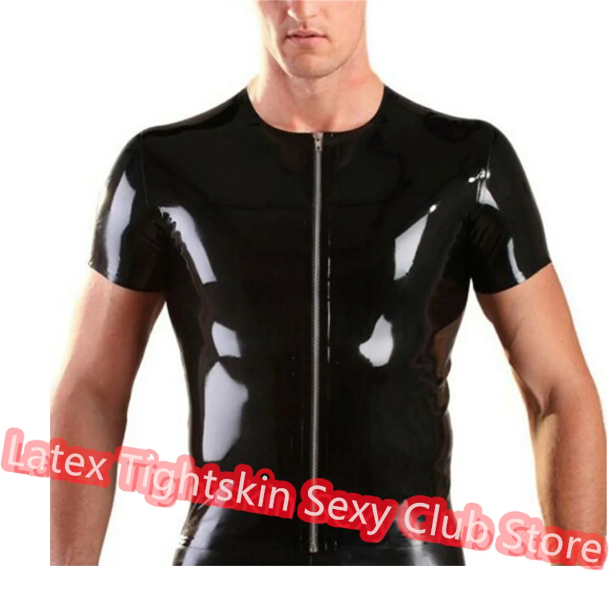 

Handmade Latex Men Short Sleeve Shirt Latex Top Rubber Suit with Front Zip Cosplay Costume