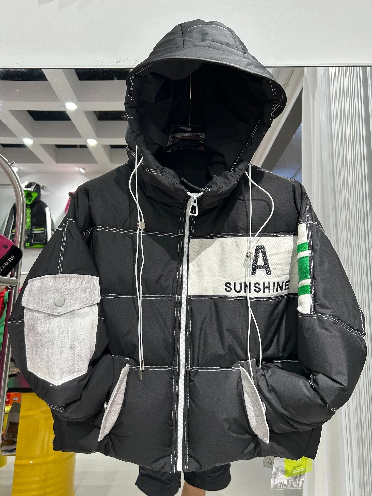 Kurze Daunenjacke für Damen, 2025, Winter, neue Denim-Nähte, modisch, verdickt, warm, weiße Ente, Puffer-Mantel, Kapuzen-Parkas, Oberbekleidung