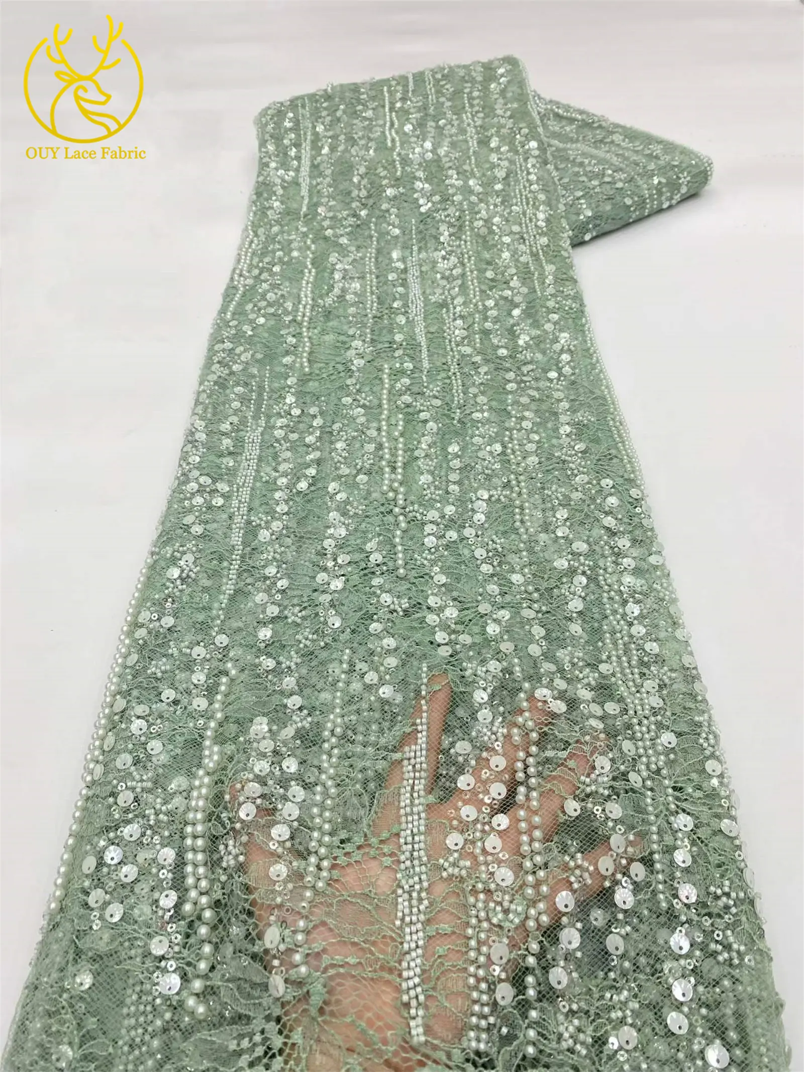 Afrikanischer Spitzenstoff, hochwertige französische Stickerei, Perlen, Pailletten, Tüll, Netzspitze für Frauen, Hochzeitskleid, Nähzubehör, 5 Yards – Detail 16