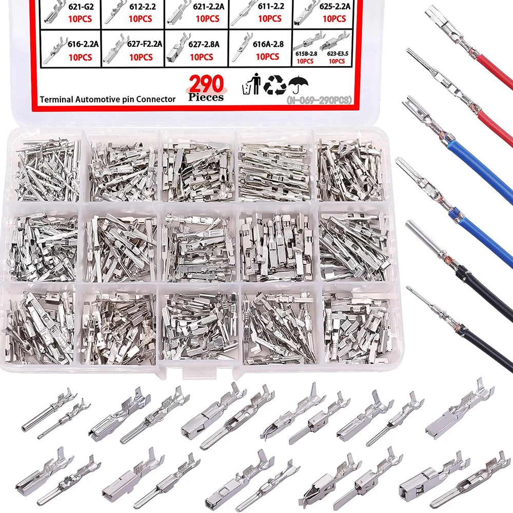 290PCS automotive wire terminal pinconnector1/1.5/1.8/2.2/2.8/3.5mm non insulated plug disassembly male and female crimping pins