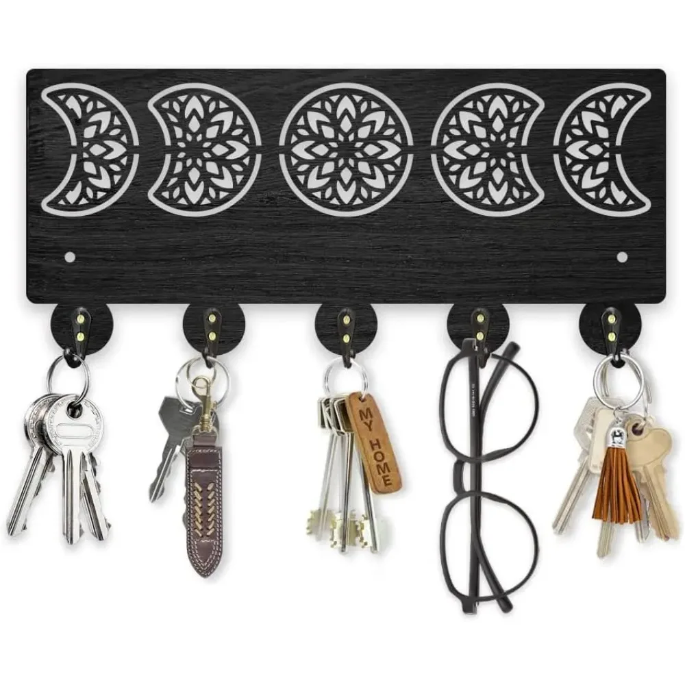 

Mandala Moon Phase Key Holder for Wall 11.8x5.3inch Floral Moon Wood Key Rack Hooks with 5 Alloy Hooks for Entryway Front