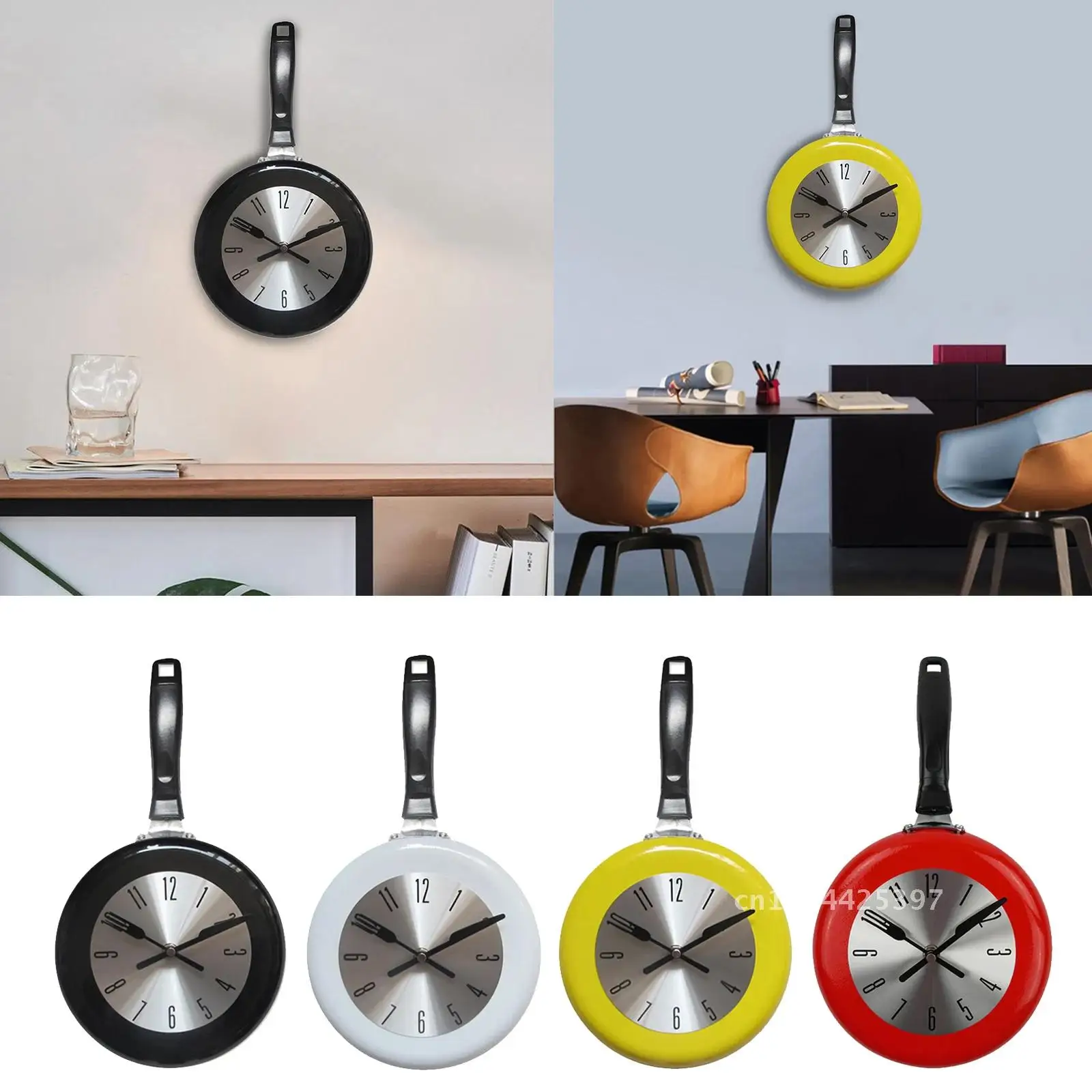 Cute Kitchen Wall Clock Metal Frying Pan Shape Hanging Clock Watch Kitchen Themed Decoration