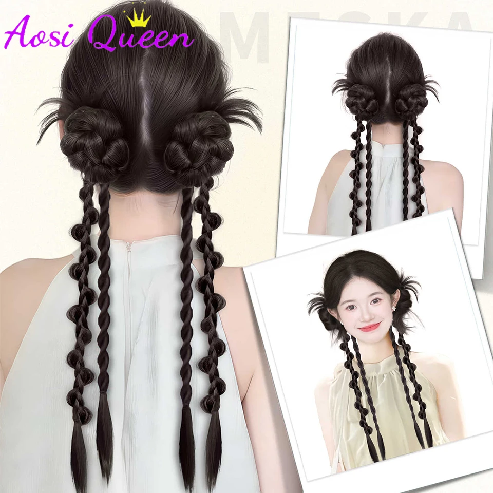AOSIQUEEN الاصطناعية مضفر تويست الضفائر ذيل حصان الشعر التمديد الأسود شعر مستعار طبيعي طويل ذيل حصان مشبك شعر المشبك شعر مستعار نسائي