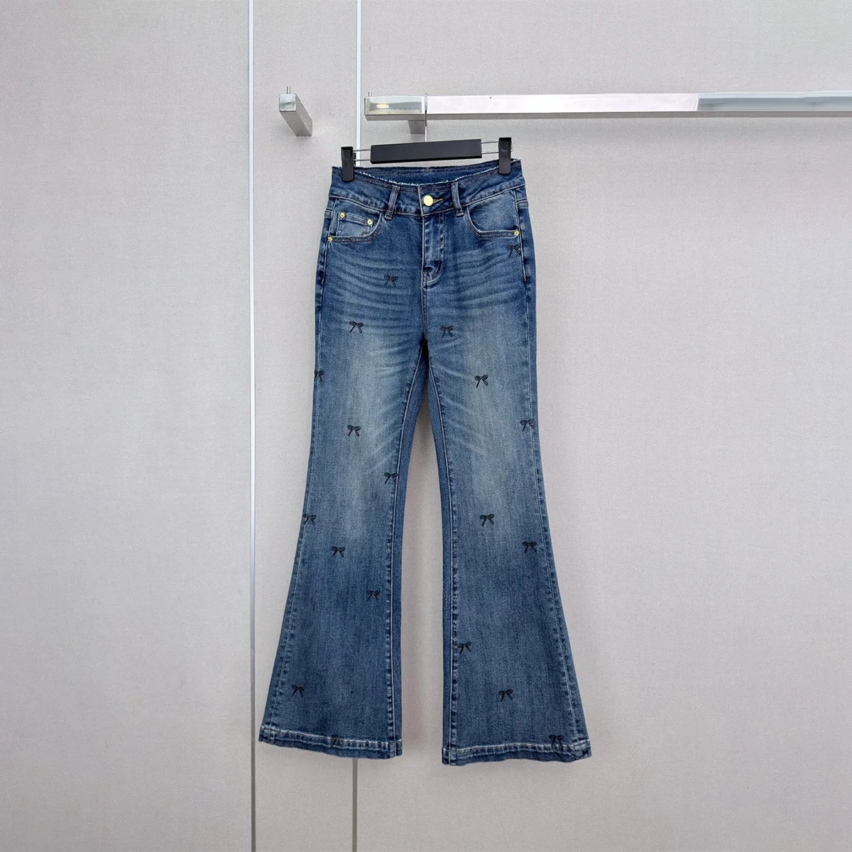 2026 high-quality women's bow embroidered micro flared jeans--26922205