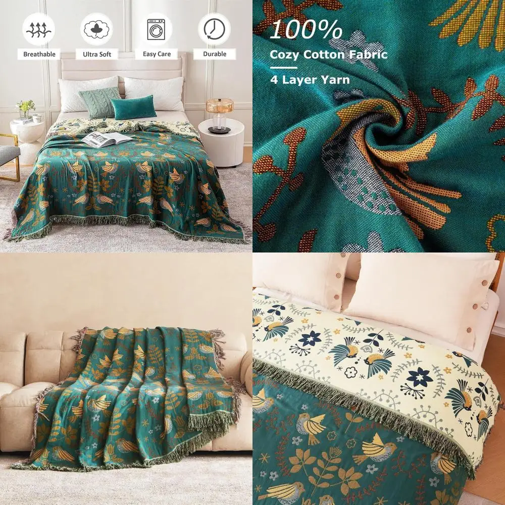 

Хлопковое стеганое одеяло в богемном стиле King Size с птицами и цветами, 90x108, мягкое всесезонное постельное белье на осень