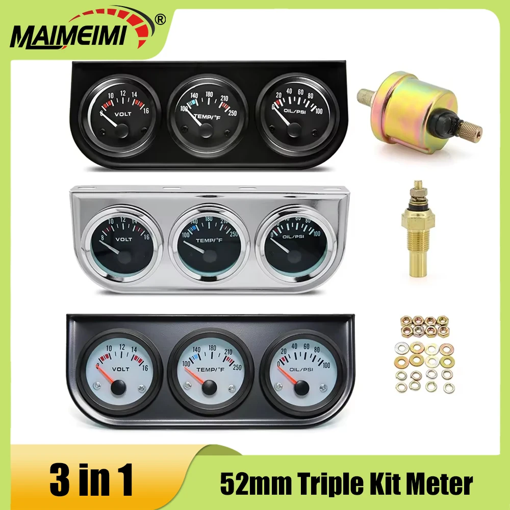 

Комплект манометра 3 в 1, вольтметр 52 мм, 8-16 В, температура воды 100-250 ° Манометр масла F 0-100psi с датчиком NPT 1/8, тройной измеритель