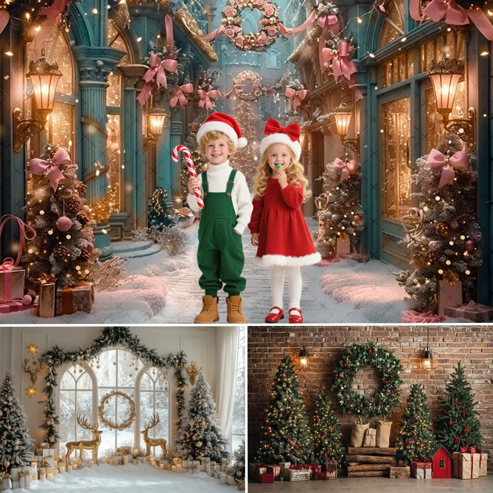 

Winter Christmas Photography Backdrops Cute Pink CastleBear Scene Kids Family Portrait Party Decor Banner Photo Studio Backdrops