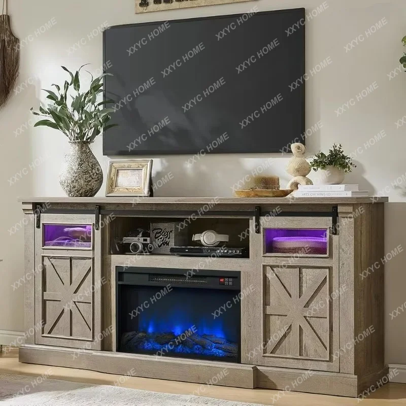 XXRustic LED TV Stand with Electric Fireplace,  Tall, Sliding Barn Door Entertainment Center for Living Room