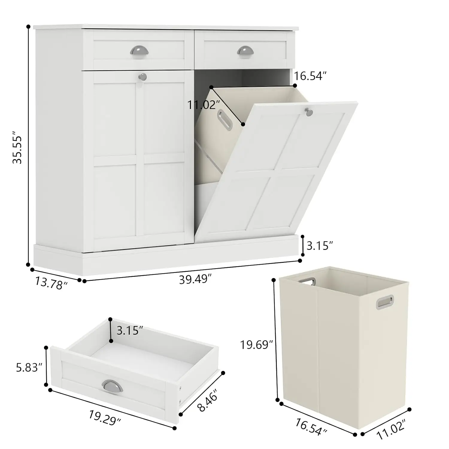 Double Tilt Out Laundry Hamper Cabinet, Hidden Laundry Cabinet w/2 Drawers, Customized