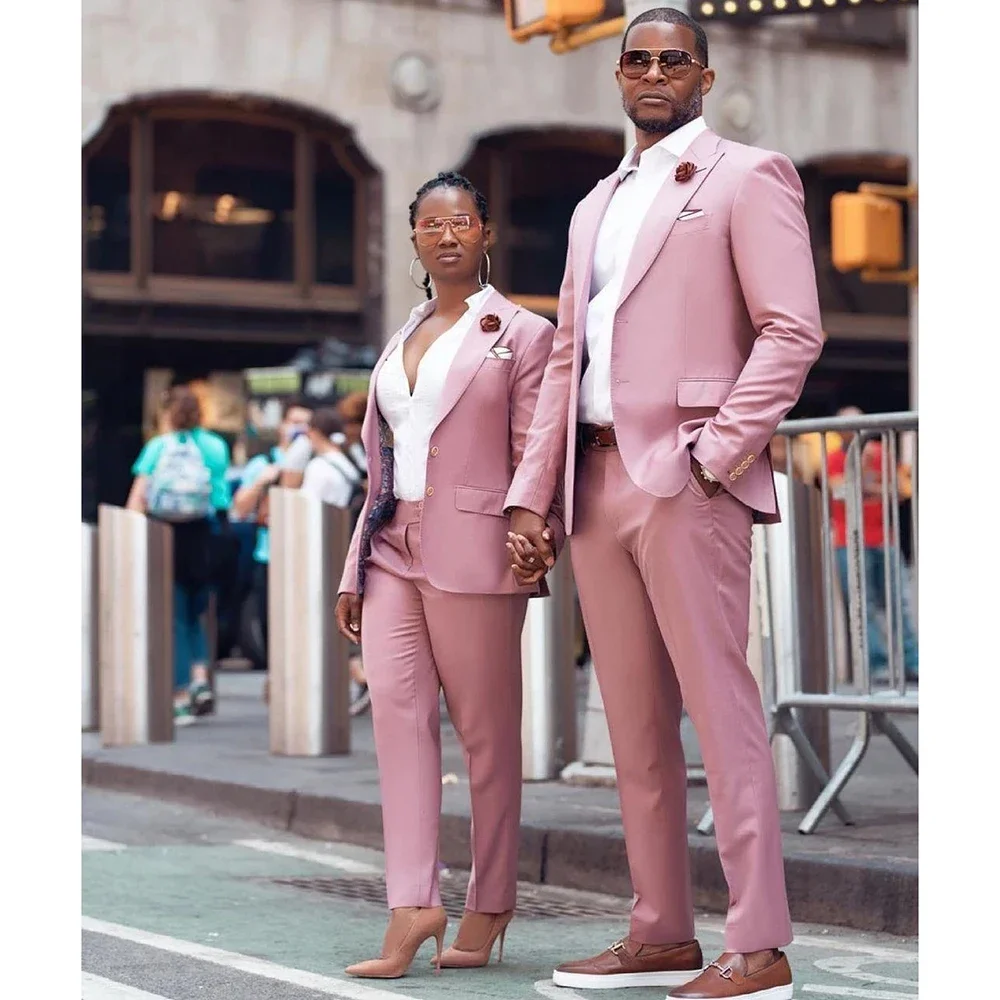 

Formal Couple Suits for Men and Women Pink 2 Piece Jacket Pants Slim Fit Chic Blazer Trousers Smart Casual Business Office Set