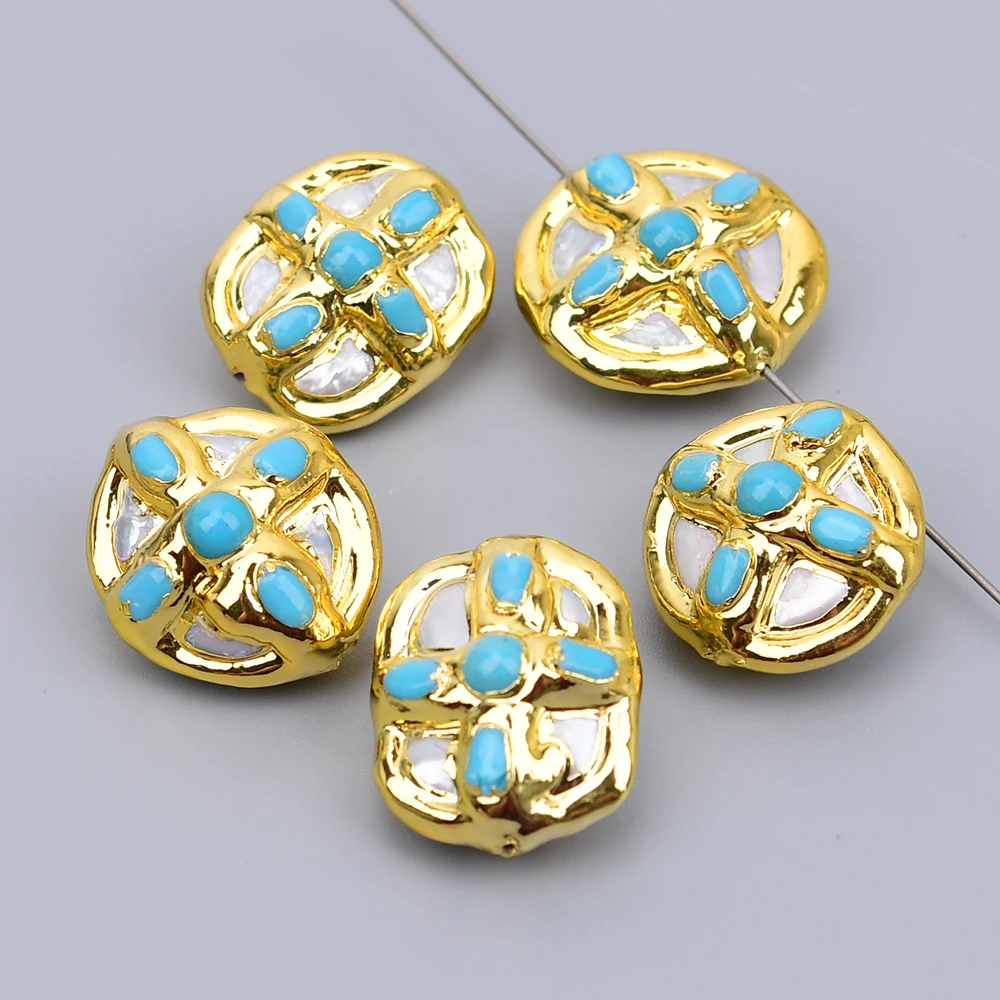 APDGG 5 Pcs 20x24mm Natural White Pearl Blue Turquoise Paved Gold Edged Spacer Beads For Jewelry Making DIY