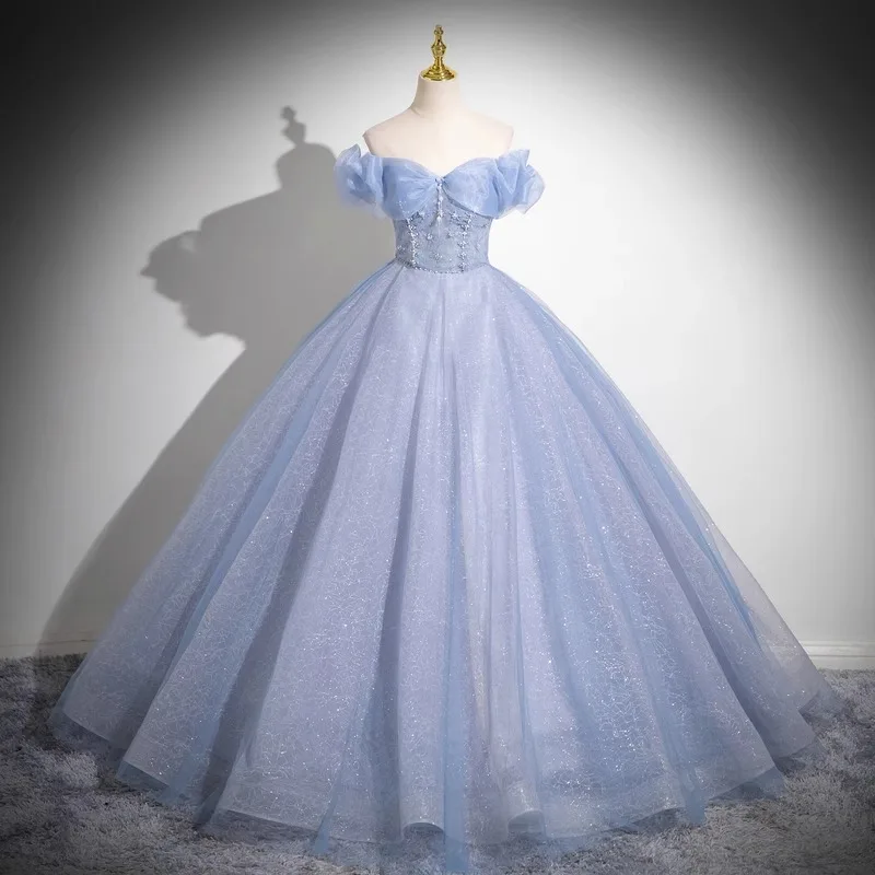 dresNew one-shoulder light blue vocal art exam performance dress solo puffy skirt princess adult ceremony hosting annual meeting