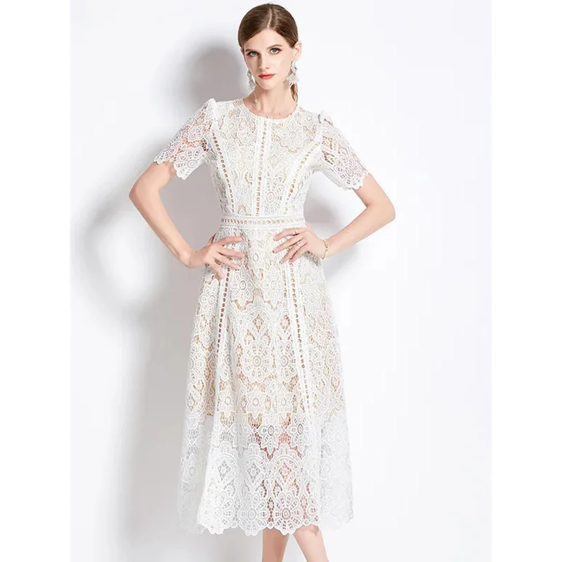 

French Designer Fashion Lace Hollow Out Long Dress Women Summer Short Sleeve Elegant Mid-Length High Quality Vestidos