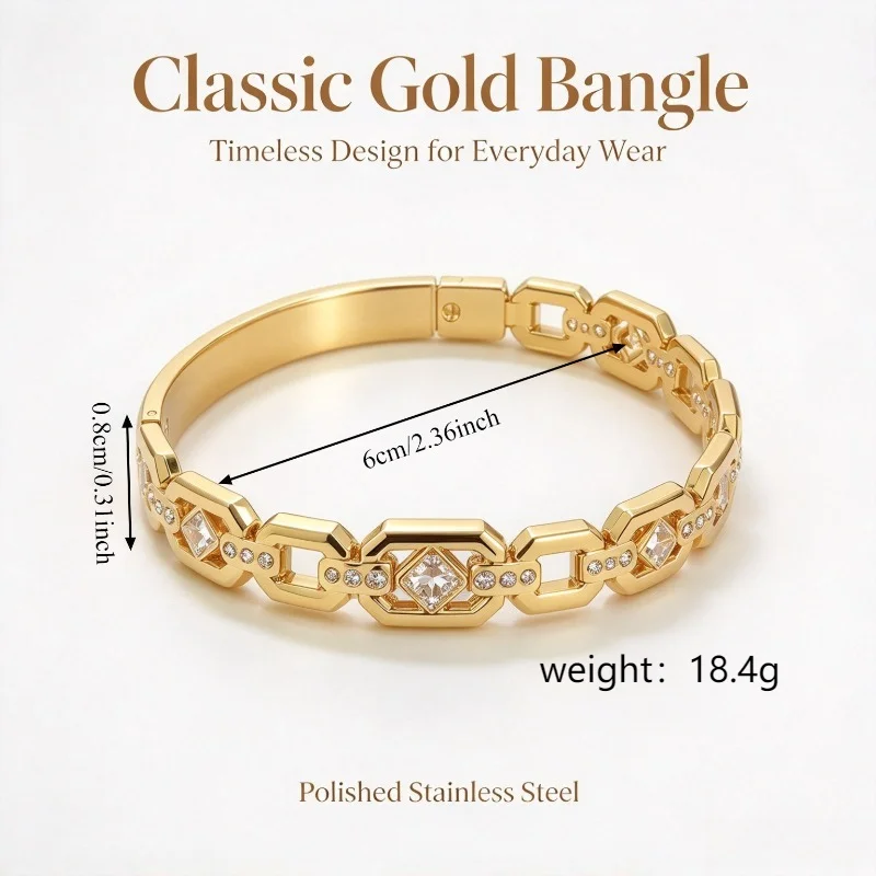 Gold Color Snap-on Zircon Block Bangle Bracelet Stainless Steel Trendy Durable Women Fashion Jewelry Gift for Her Party Daily
